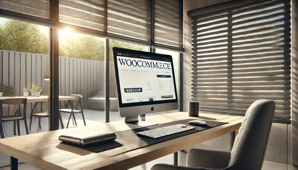 Moderne werkplek met een WooCommerce webshop op het scherm
